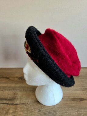 Icelandic Design 100% Wool Red Black Hat w/ Floral Embroidery